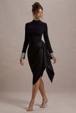 Luanna Black Satin Long-Sleeve Midi Dress With Draped Skirt