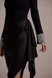 Luanna Black Satin Long-Sleeve Midi Dress With Draped Skirt