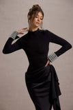 Luanna Black Satin Long-Sleeve Midi Dress With Draped Skirt