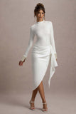 Luanna Ecru Satin Long-Sleeve Midi Dress With Draped Skirt