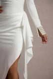 Luanna Ecru Satin Long-Sleeve Midi Dress With Draped Skirt