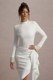 Luanna Ecru Satin Long-Sleeve Midi Dress With Draped Skirt