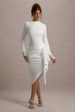 Luanna Ecru Satin Long-Sleeve Midi Dress With Draped Skirt