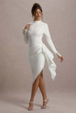 Luanna Ecru Satin Long-Sleeve Midi Dress With Draped Skirt