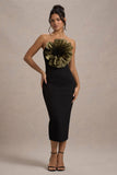 Moya Black & Gold Bodycon Midi Dress With Corsage Detail
