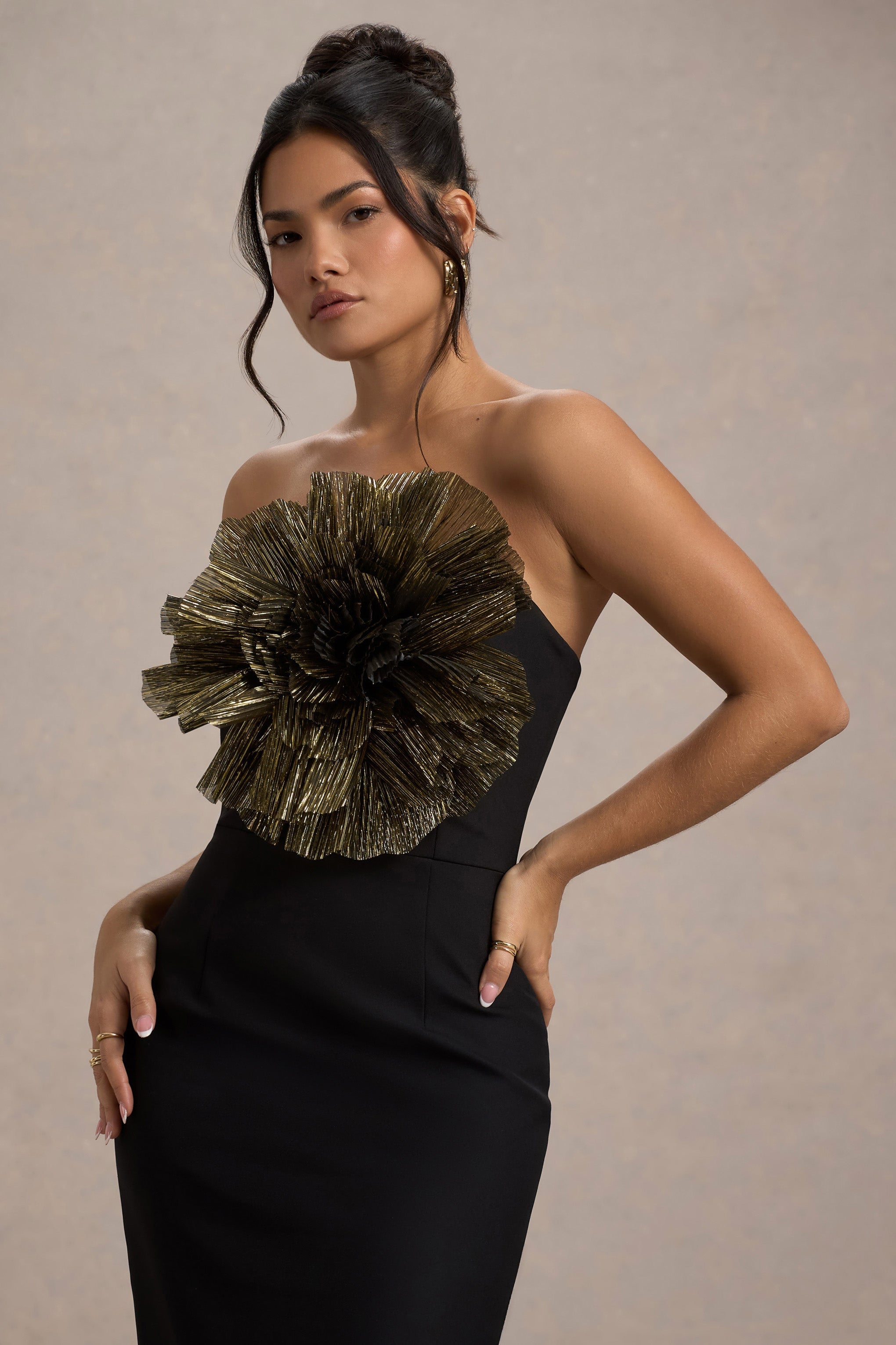 Moya Black & Gold Bodycon Midi Dress With Corsage Detail