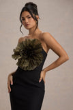 Moya Black & Gold Bodycon Midi Dress With Corsage Detail