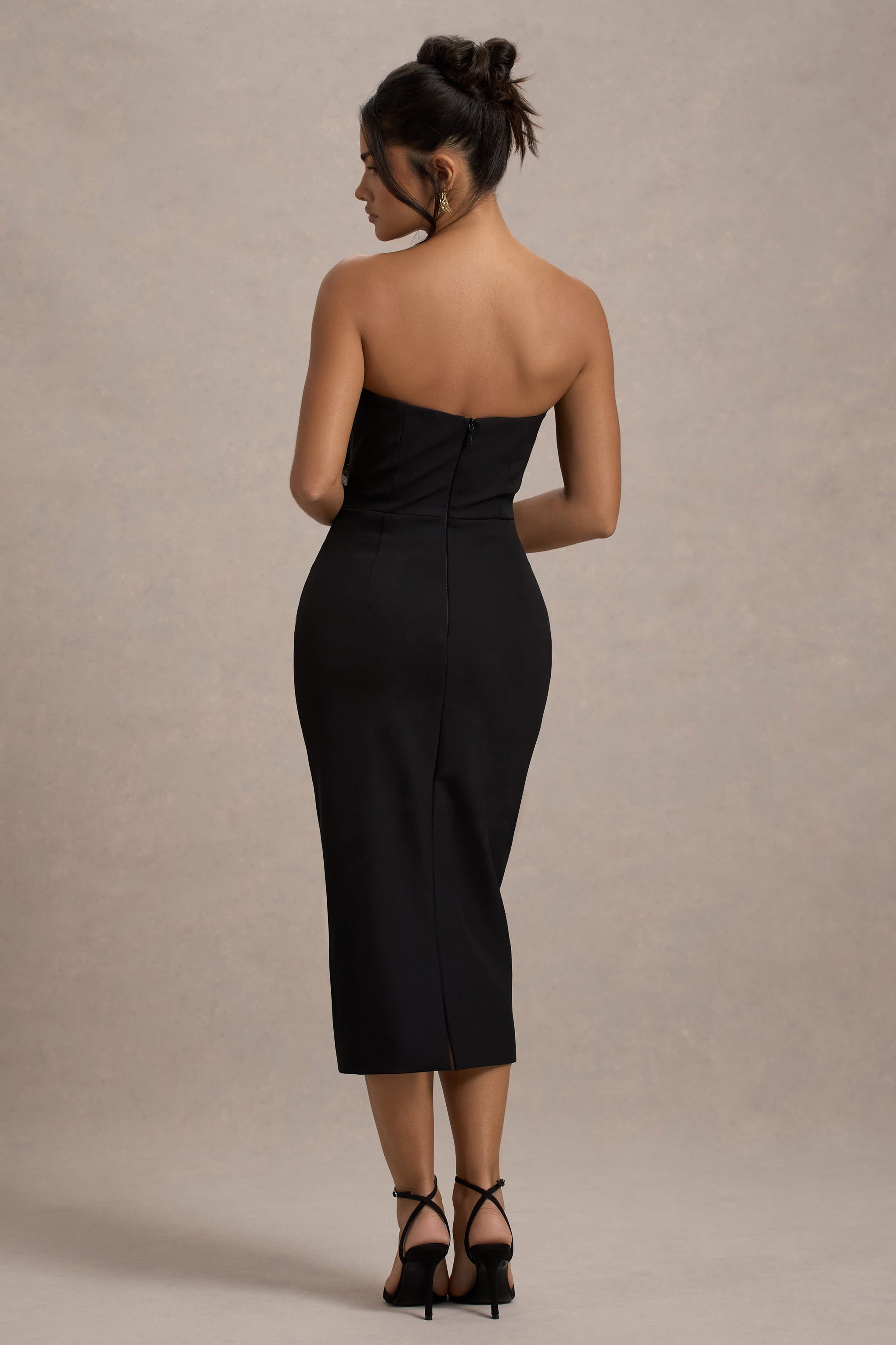 Moya Black & Gold Bodycon Midi Dress With Corsage Detail
