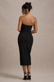 Moya Black & Gold Bodycon Midi Dress With Corsage Detail