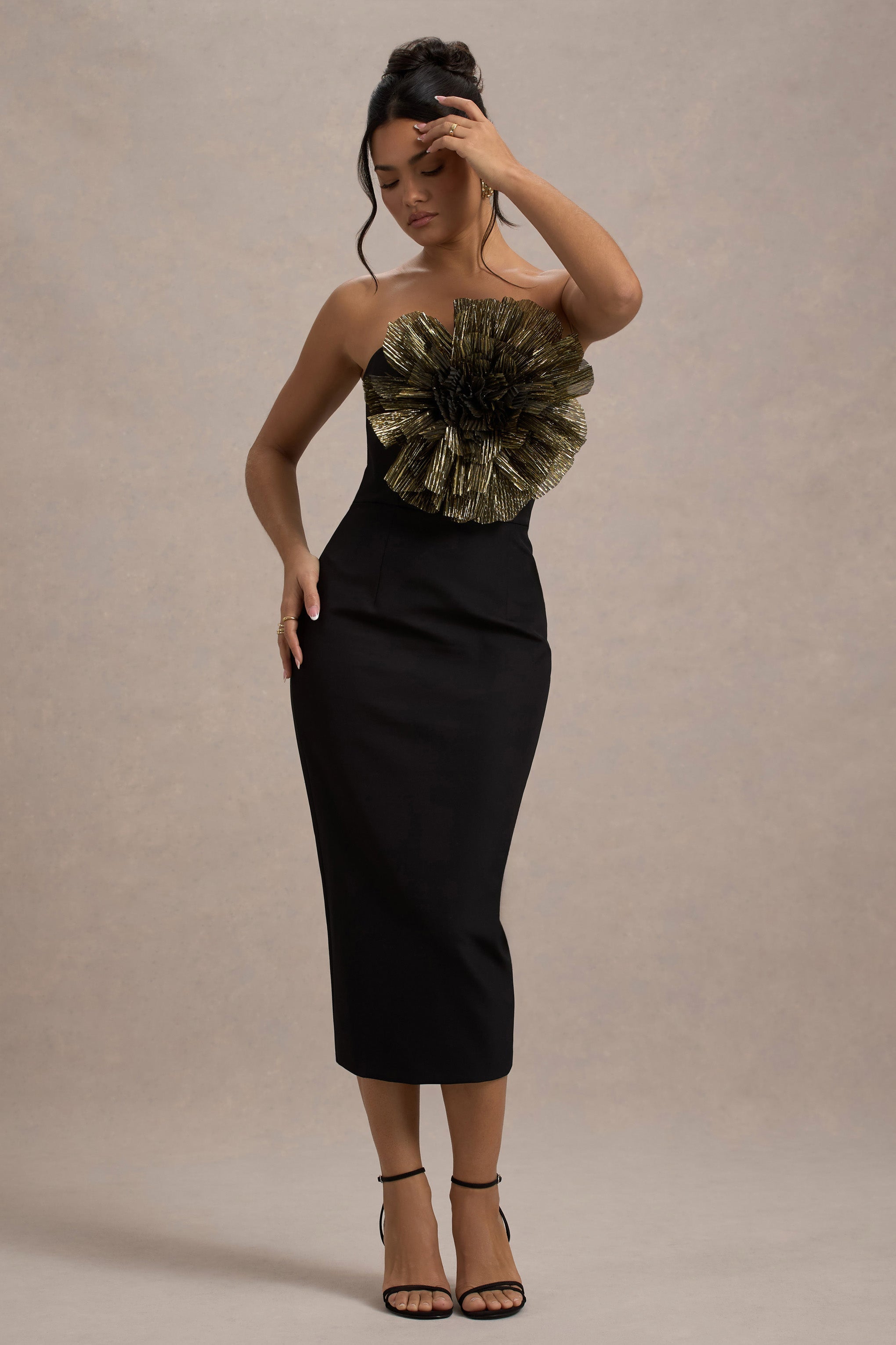 Moya Black & Gold Bodycon Midi Dress With Corsage Detail