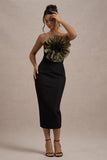 Moya Black & Gold Bodycon Midi Dress With Corsage Detail