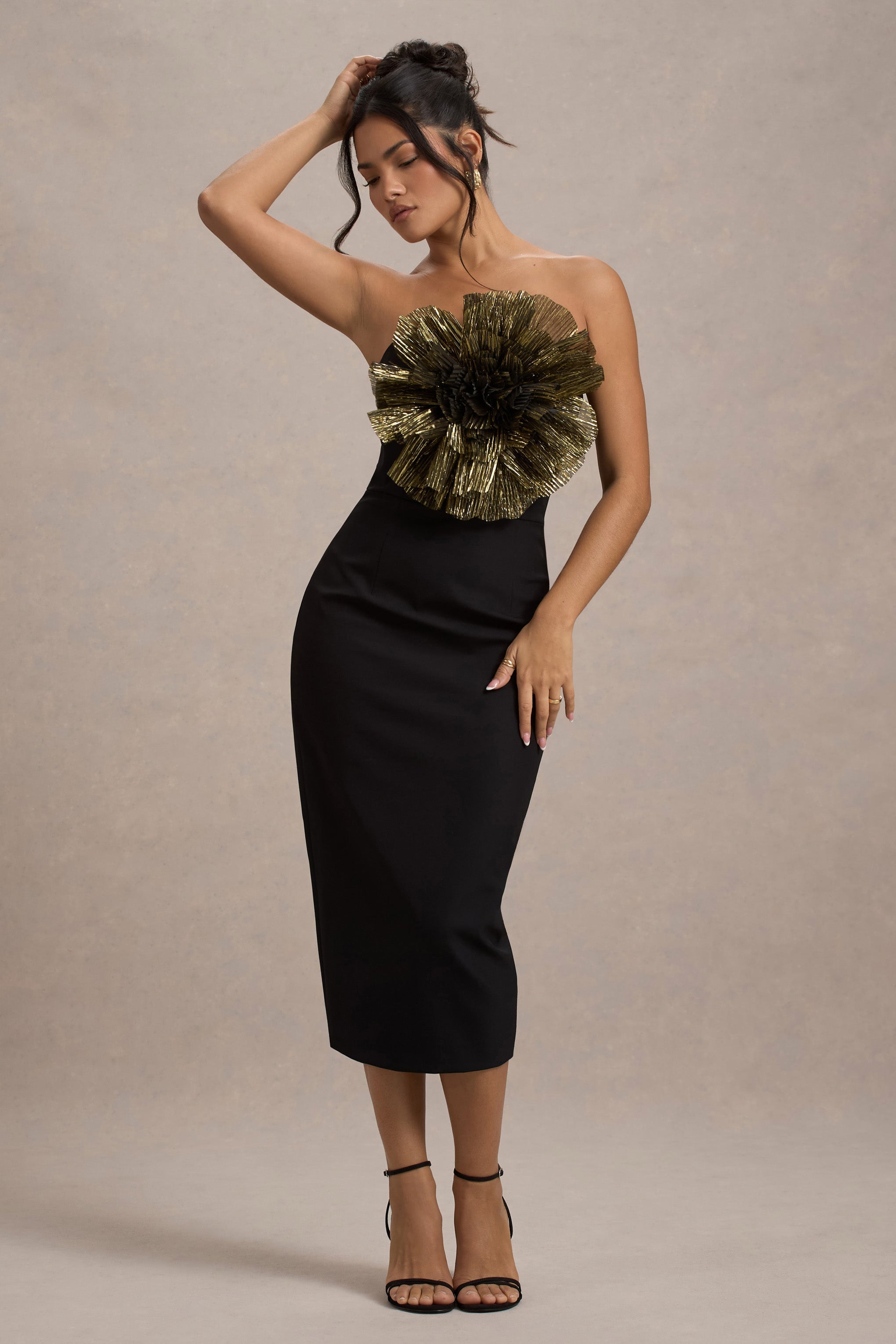 Moya Black & Gold Bodycon Midi Dress With Corsage Detail
