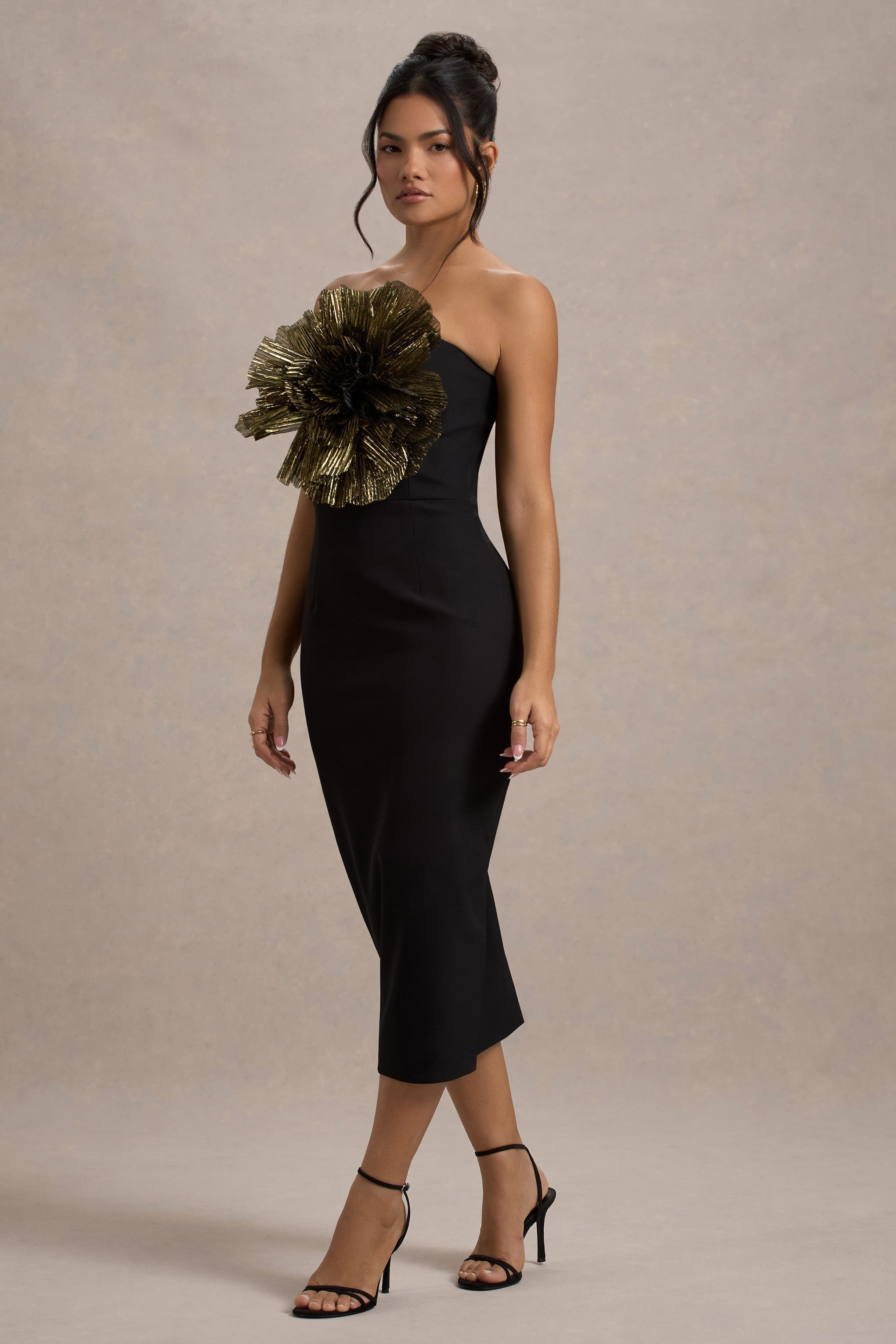 Moya Black & Gold Bodycon Midi Dress With Corsage Detail