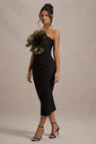 Moya Black & Gold Bodycon Midi Dress With Corsage Detail