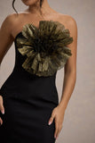 Moya Black & Gold Bodycon Midi Dress With Corsage Detail