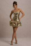 Mirabelle Gold Sequin Bandeau Mini Dress With Puff Hem