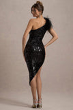 Crystella Black Sequin Asymmetric Feather Midi Dress