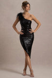 Crystella Black Sequin Asymmetric Feather Midi Dress