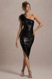 Crystella Black Sequin Asymmetric Feather Midi Dress