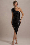 Crystella Black Sequin Asymmetric Feather Midi Dress