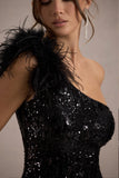 Crystella Black Sequin Asymmetric Feather Midi Dress
