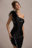Crystella Black Sequin Asymmetric Feather Midi Dress