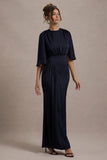 Cinder Navy Satin Gathered Maxi Dress