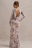 Tigerlily Leopard Print Mesh Long-Sleeve Open-Back Maxi Dress