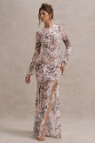 Tigerlily Leopard Print Mesh Long-Sleeve Open-Back Maxi Dress