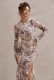 Tigerlily Leopard Print Mesh Long-Sleeve Open-Back Maxi Dress