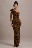 Yasmin Leopard Print Velvet Strappy Maxi Dress With Bow