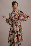 Begonia Cream Floral Print High-Neck Tiered Chiffon Maxi Dress