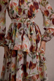 Begonia Cream Floral Print High-Neck Tiered Chiffon Maxi Dress
