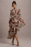 Begonia Cream Floral Print High-Neck Tiered Chiffon Maxi Dress