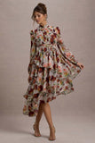 Begonia Cream Floral Print High-Neck Tiered Chiffon Maxi Dress