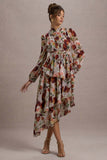 Begonia Cream Floral Print High-Neck Tiered Chiffon Maxi Dress