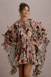 Abelia Cream Floral Print High-Neck Cape-Sleeve Chiffon Mini Dress