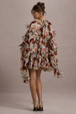 Abelia Cream Floral Print High-Neck Cape-Sleeve Chiffon Mini Dress