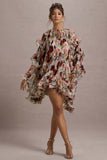 Abelia Cream Floral Print High-Neck Cape-Sleeve Chiffon Mini Dress