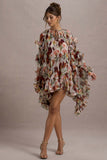 Abelia Cream Floral Print High-Neck Cape-Sleeve Chiffon Mini Dress