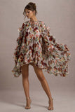 Abelia Cream Floral Print High-Neck Cape-Sleeve Chiffon Mini Dress