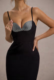 Ignacia Black Asymmetric Maxi Dress With Hotfix Detail