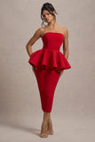 First Dance Red Bandeau Peplum Midi Dress