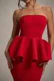 First Dance Red Bandeau Peplum Midi Dress