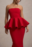 First Dance Red Bandeau Peplum Midi Dress