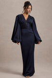 Helsinki Navy Satin V-Neck Balloon Sleeve Maxi Dress