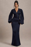 Helsinki Navy Satin V-Neck Balloon Sleeve Maxi Dress