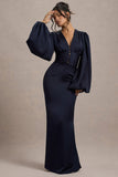 Helsinki Navy Satin V-Neck Balloon Sleeve Maxi Dress