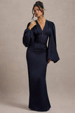 Helsinki Navy Satin V-Neck Balloon Sleeve Maxi Dress