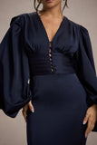Helsinki Navy Satin V-Neck Balloon Sleeve Maxi Dress